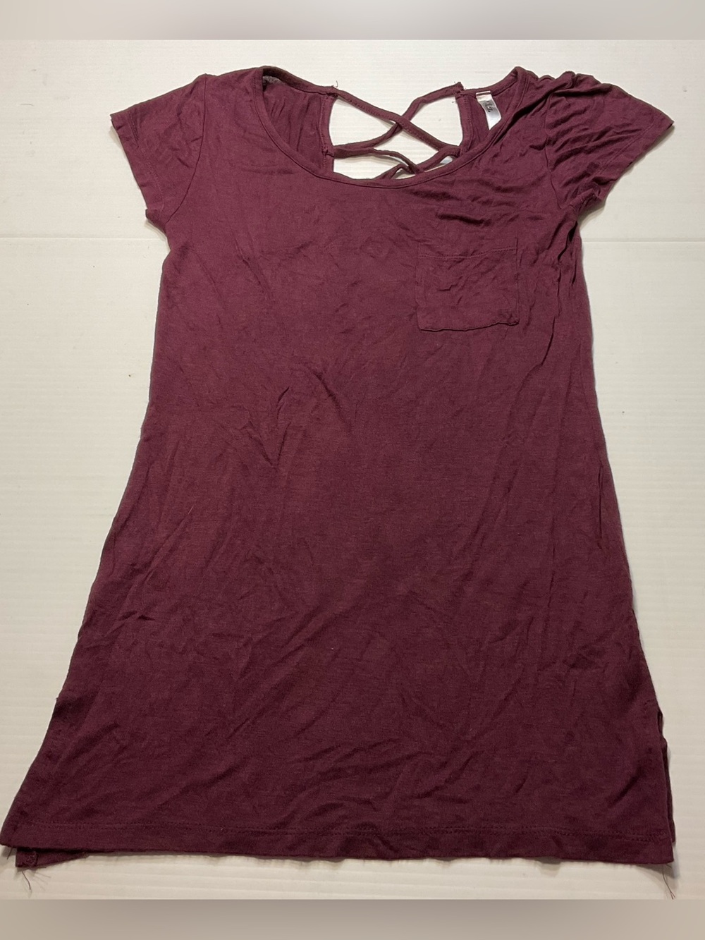 Glitz Maroon Top Crossback Rayon Stretch Short Sleeve Women Sz S